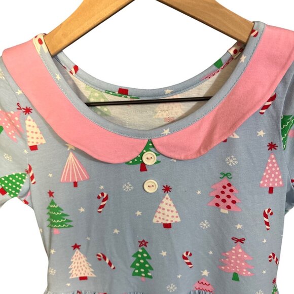 Eleanor Rose Girls Christmas Tree & Candy Cane Print Dress Size 10-12 Cotton Ble - Picture 3 of 6